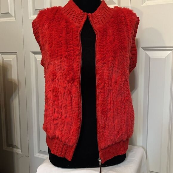 Vintage Y2K Red Rabbit Fur Cable Knit Cardigan Zipper Front Sweater Vest L - Picture 2 of 8